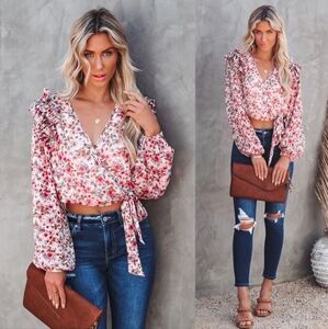 VICI Ruffle Crop Chiffon Wrap Blouse